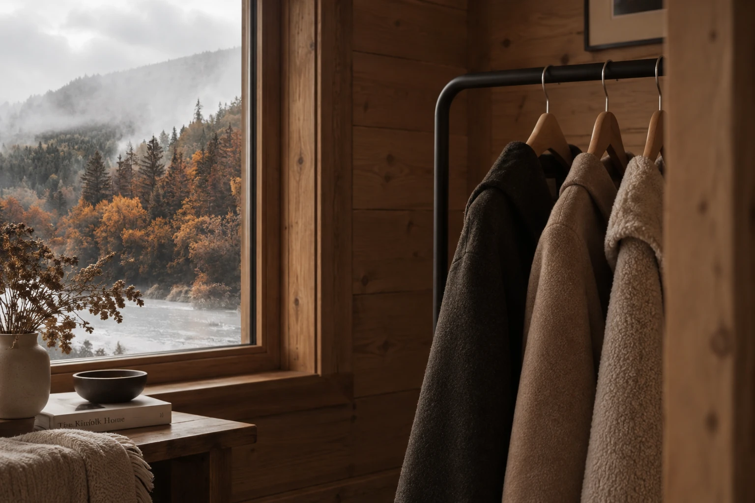 Abrigos de lana colgados junto a una ventana de madera con un bosque otoñal al fondo.